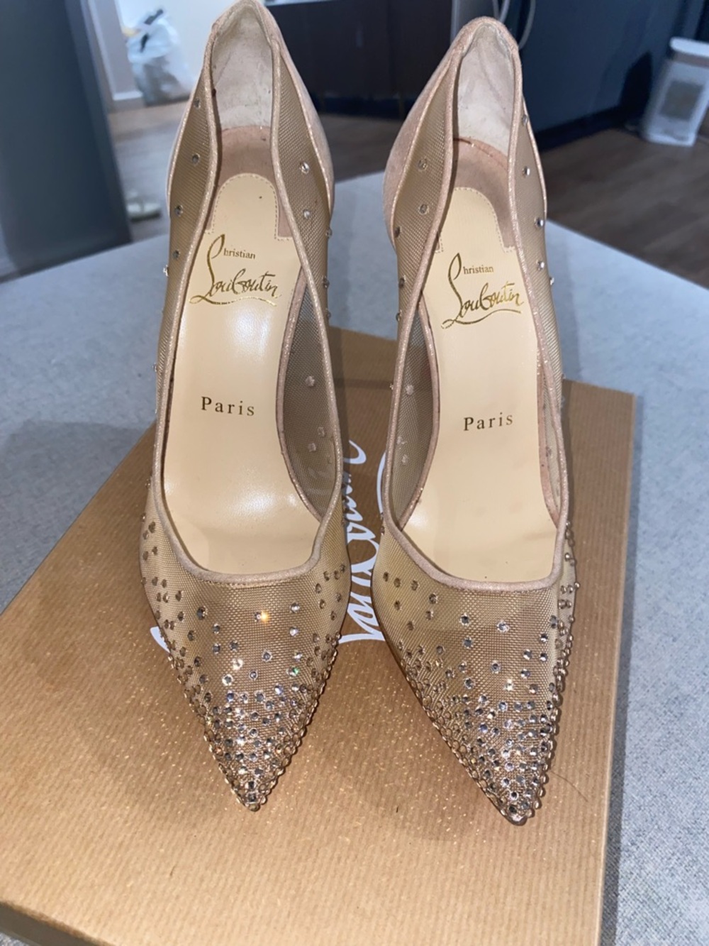 Christian Louboutin Nude Crystal-Embellished Pointed Toe Pumps